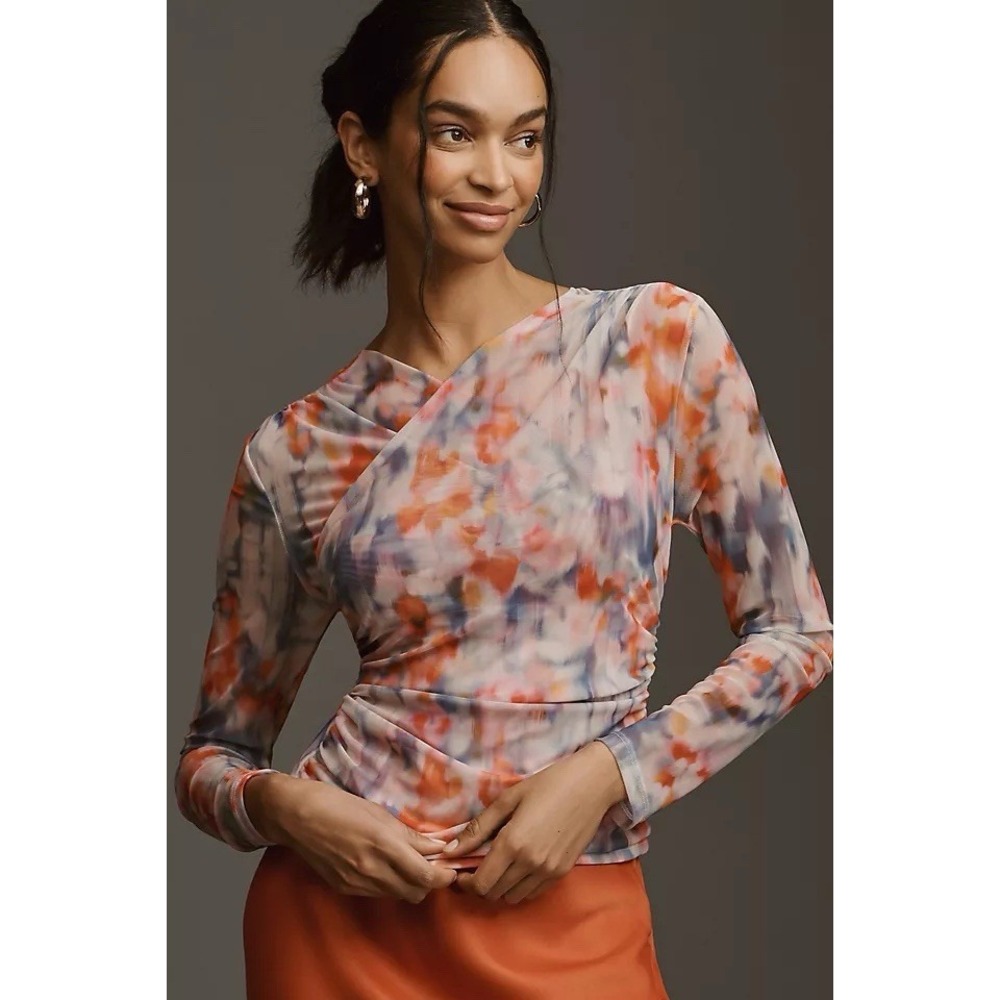 Anthropologie Mesh Crossover Long Sleeve Blouse Watercolor Large Semi Sheer